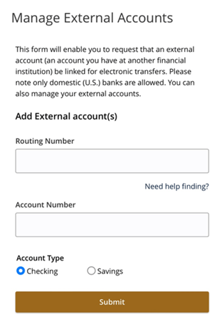Screenshot of Manage External Accounts page within Online and Mobile Banking App